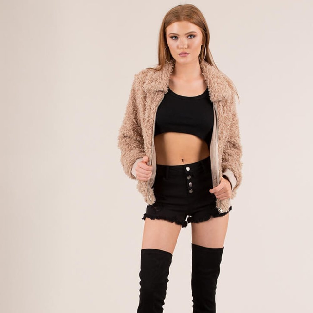 Tan Faux Fur Bomber Jacket - Picture 6 of 6
